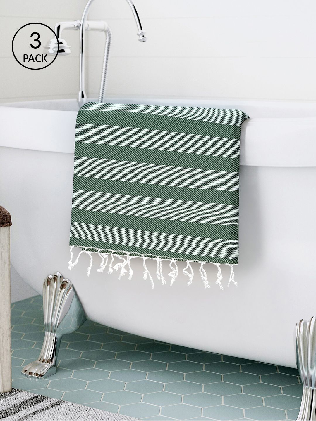 Story@home Green Pack of 3 Striped 200 GSM Cotton Bath Towel Price in India