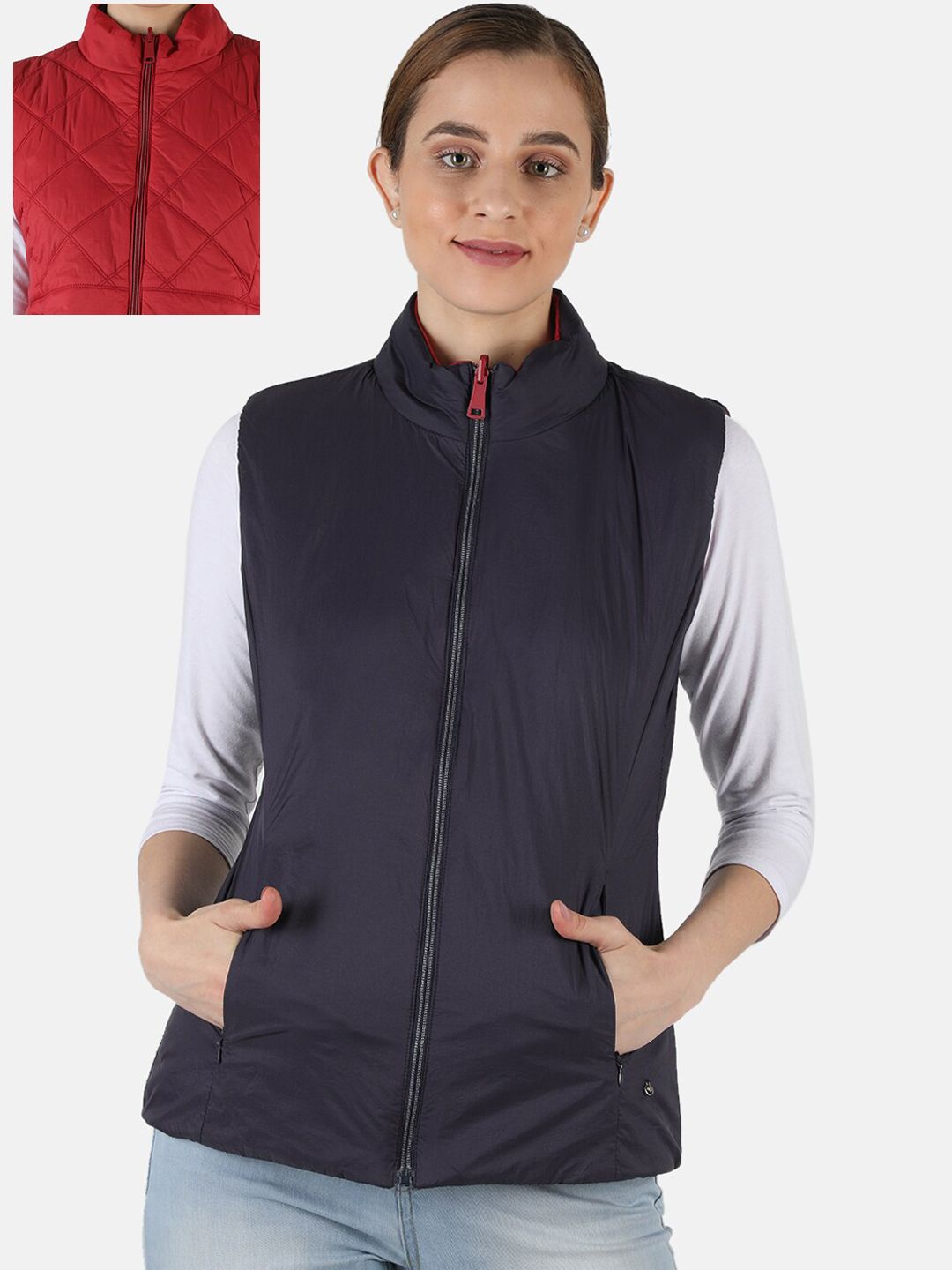 Monte Carlo Women Red & Blue Reversible Quilted Jacket Price in India
