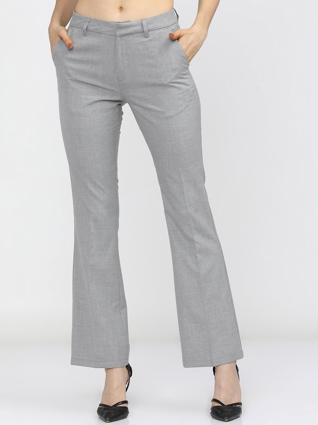Tokyo Talkies Women Grey Textured Straight Fit Trousers Price in India