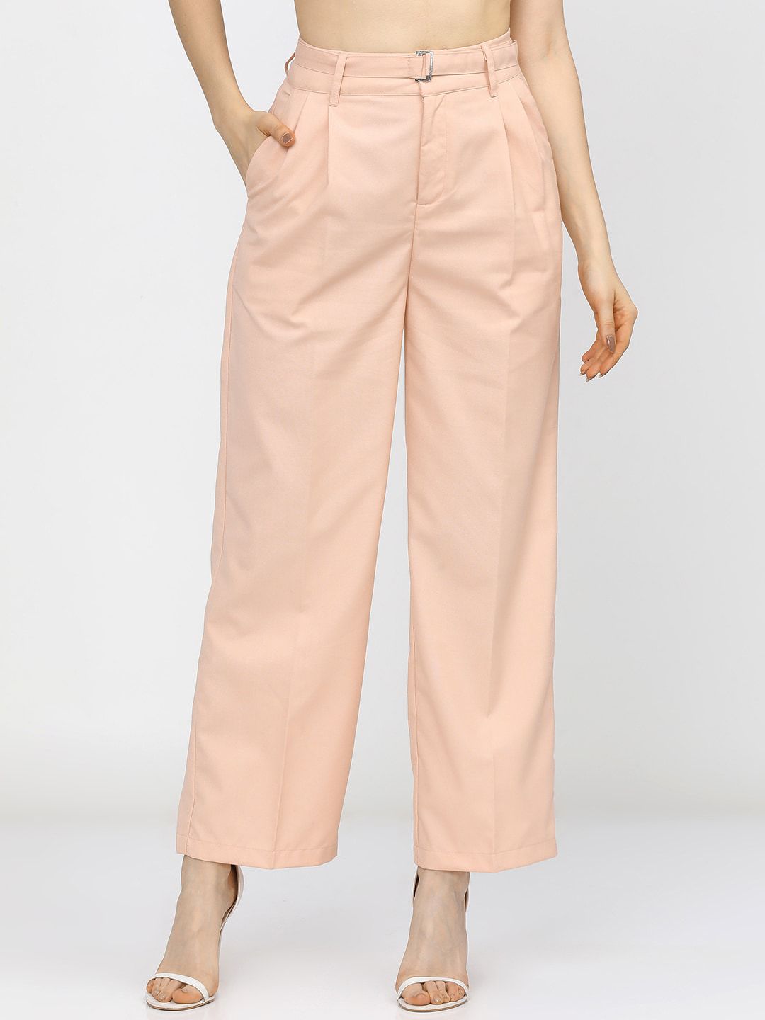 Tokyo Talkies Women Peach-Coloured Flared Pleated Trousers Price in India