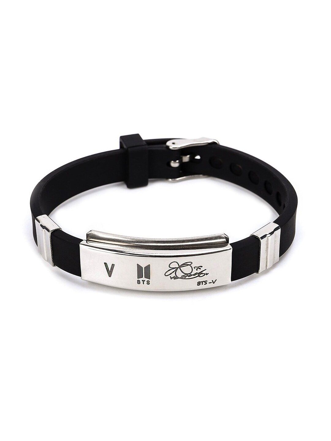 Yellow Chimes Unisex Silver-Toned & Black Kpop BTS Band V Signature Leather Bracelet Price in India