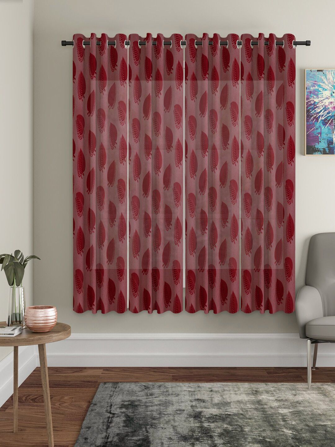 HOSTA HOMES Maroon Set of 4 Floral Sheer Window Curtains Price in India