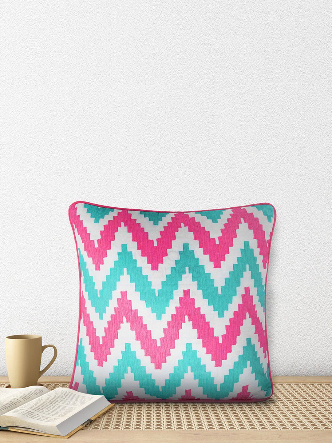 Living scapes by Pantaloons Pink & Blue Geometric Printed Square Cushion Cover Price in India