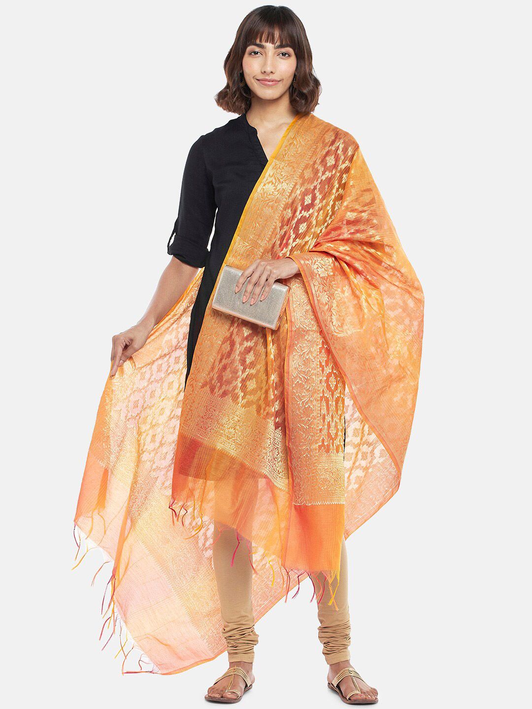 RANGMANCH BY PANTALOONS Orange & Gold Ethnic Motifs Woven Design Dupatta Price in India