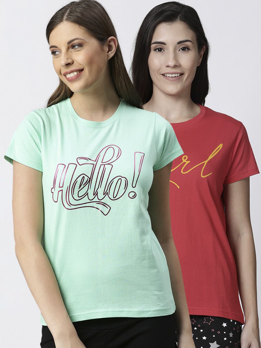 Kryptic Women Pack Of 2 Printed Pure Cotton Lounge T-Shirts Price in India