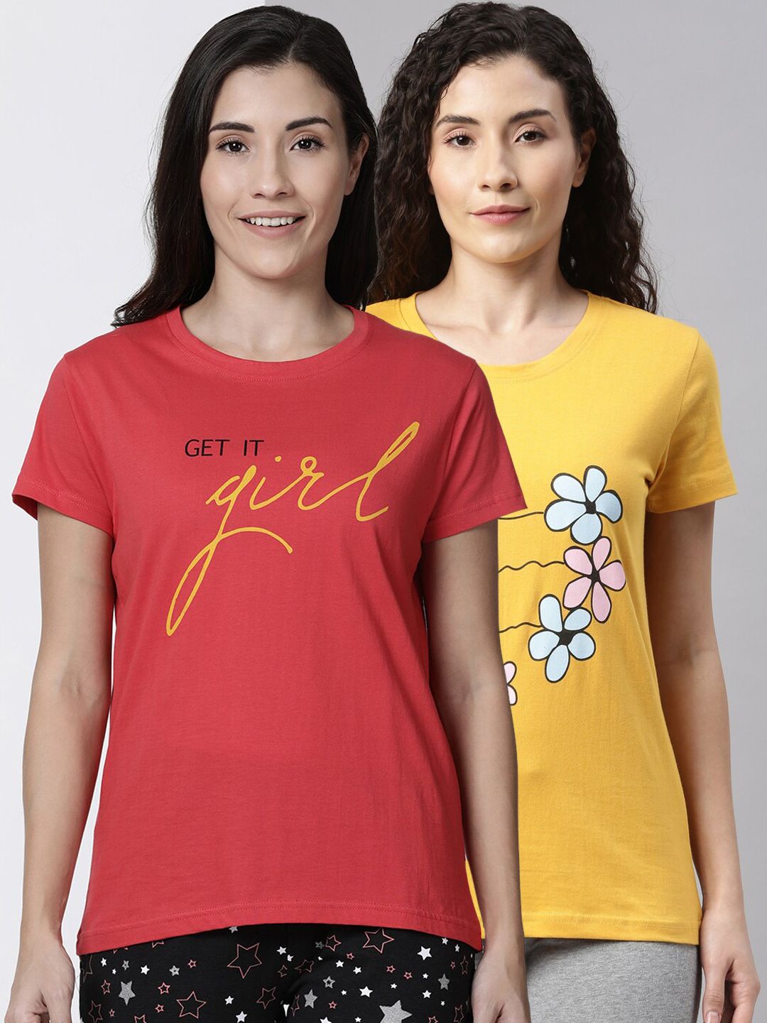 Kryptic Women Pack Of 2 Printed Pure Cotton Lounge T-Shirts Price in India