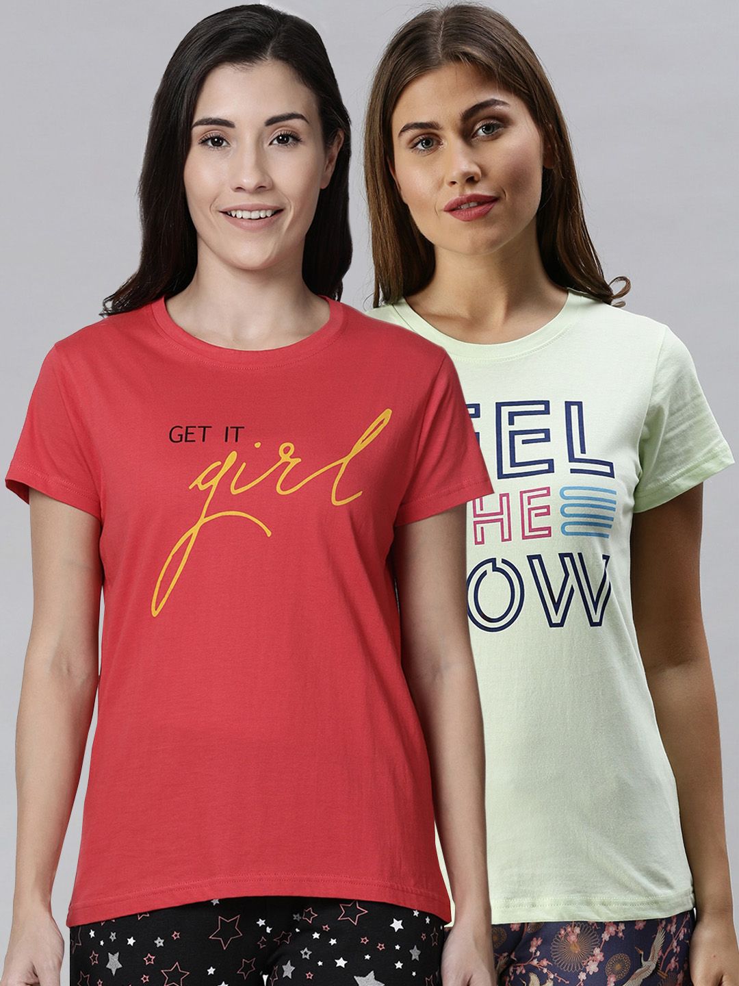 Kryptic Women Pack Of 2 Printed Pure Cotton Lounge T-Shirt Price in India