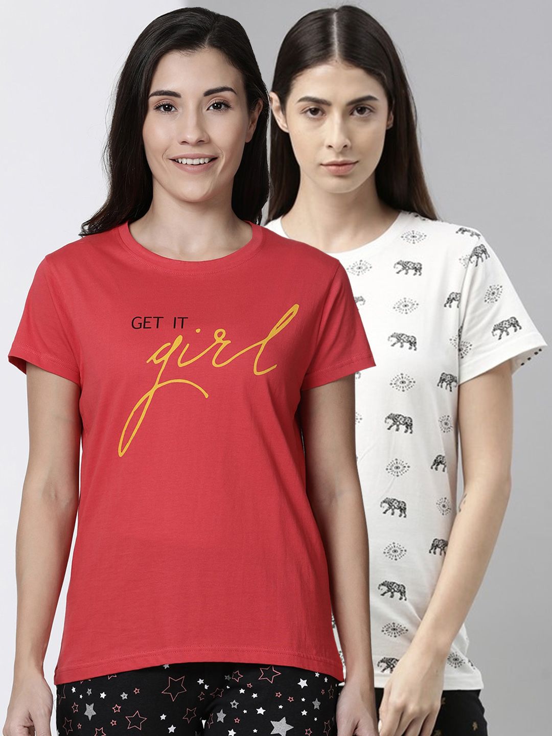 Kryptic Women Pack Of 2 Printed Pure Cotton Lounge T-Shirts Price in India