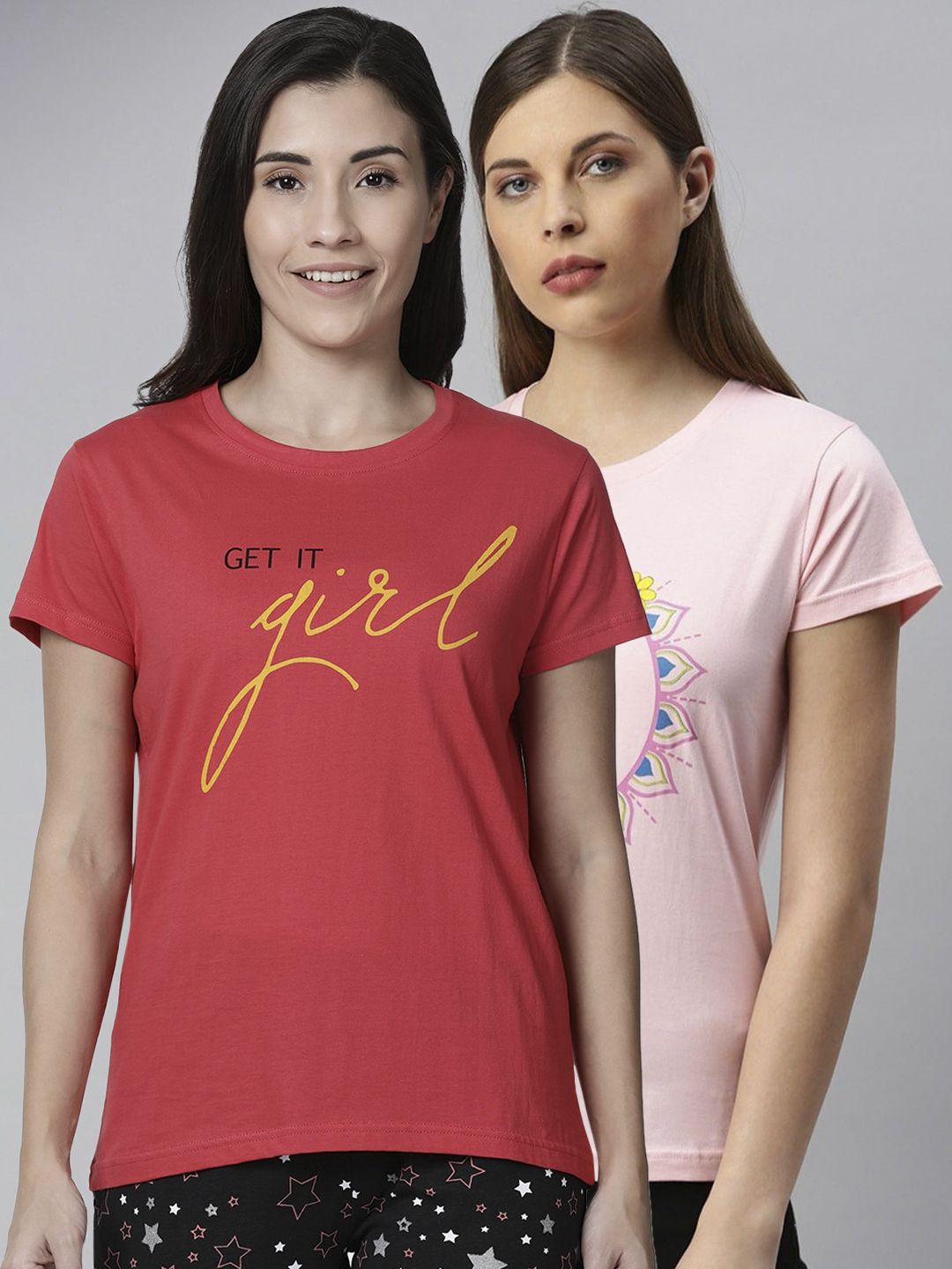 Kryptic Women Pack Of 2 Printed Pure Cotton Lounge T-Shirts Price in India