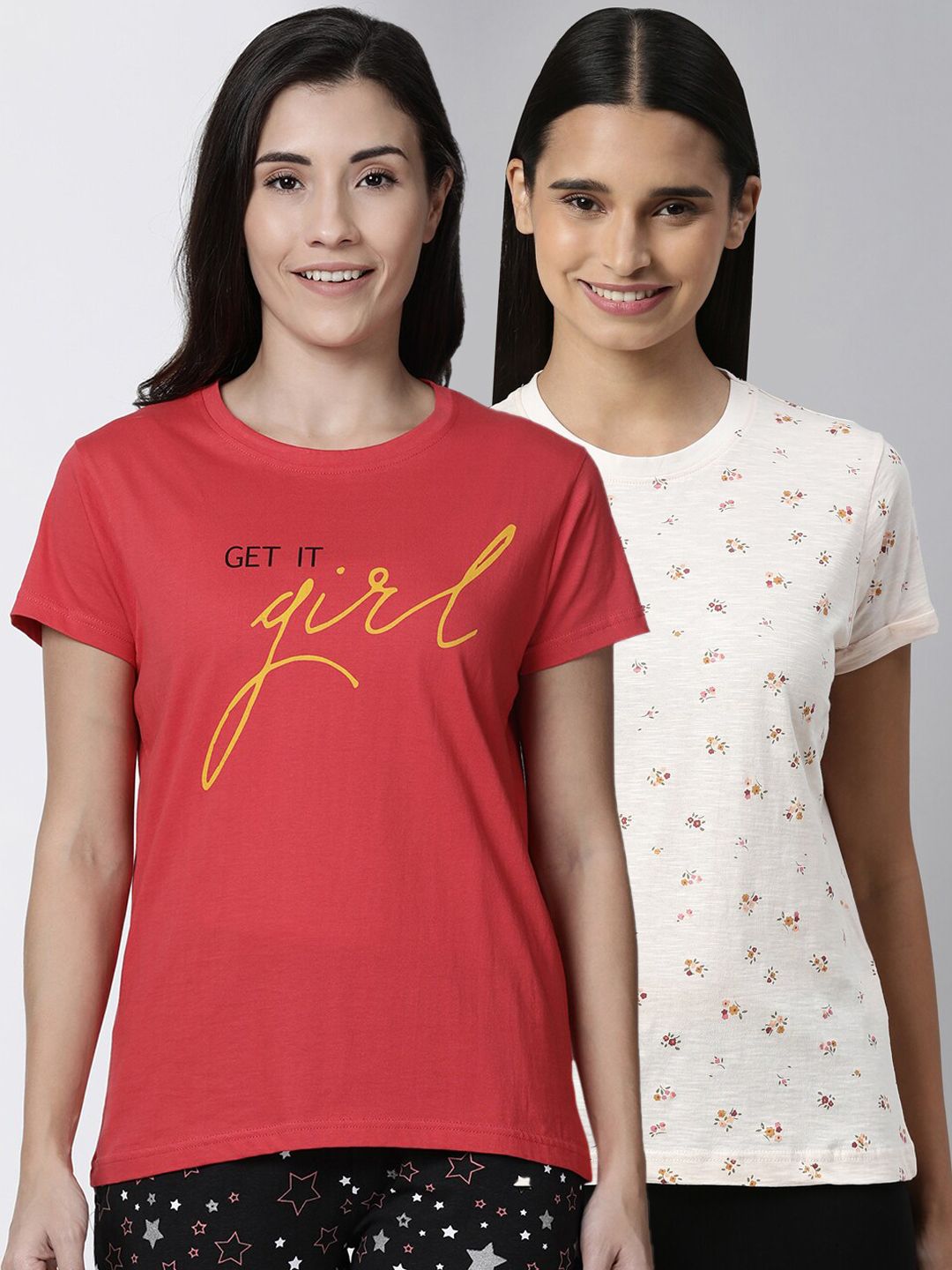 Kryptic Women Pack Of 2 Printed Pure Cotton Lounge T-Shirts Price in India