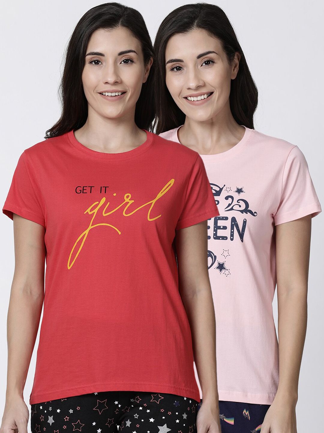 Kryptic Women Pack Of 2 Printed Pure Cotton Lounge T-Shirt Price in India