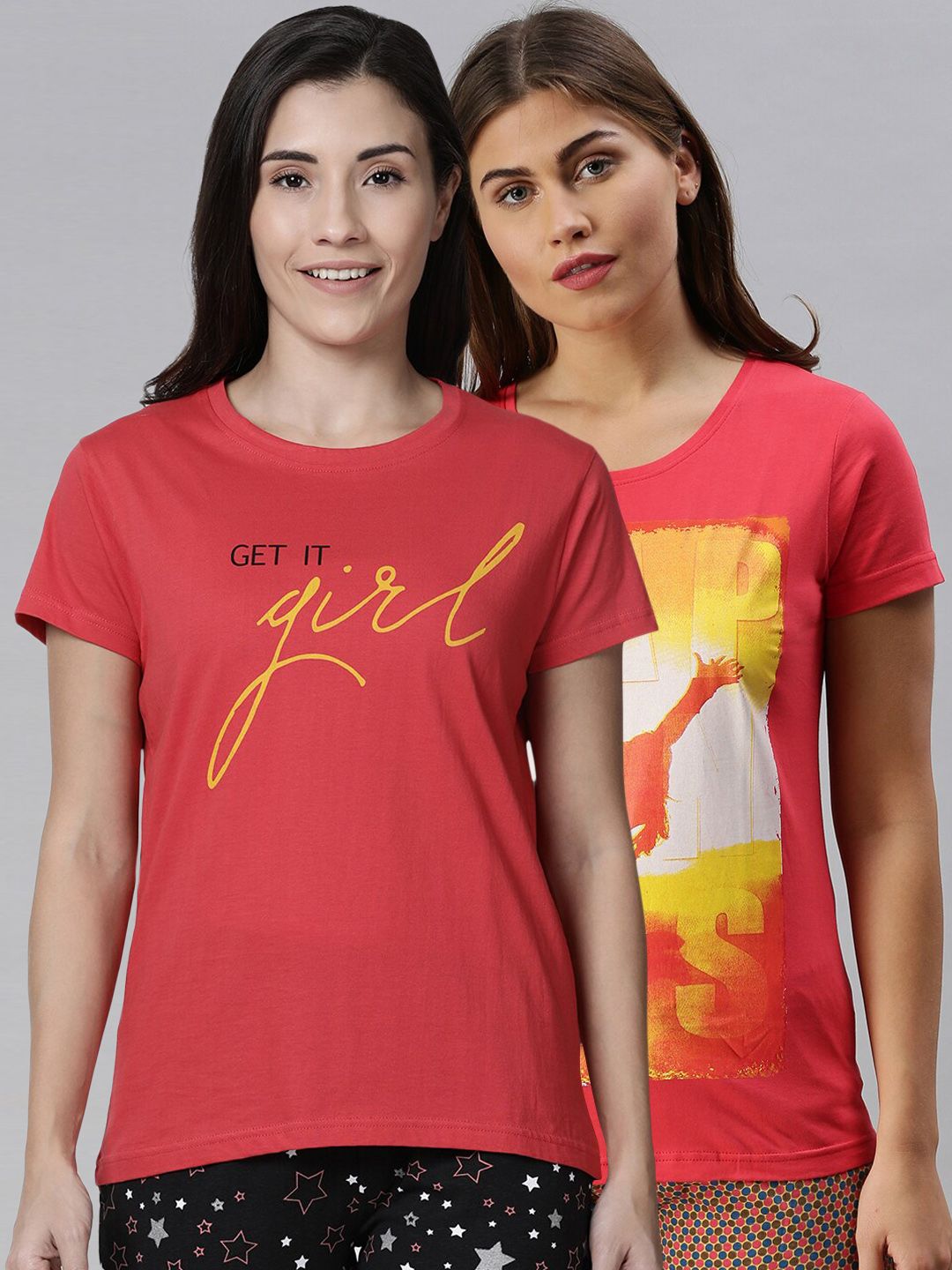 Kryptic Women Pack Of 2 Printed Pure Cotton Lounge T-Shirts Price in India