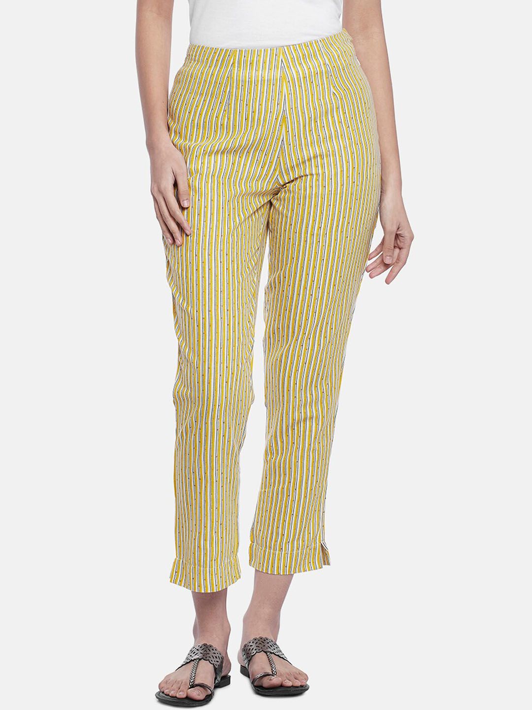 RANGMANCH BY PANTALOONS Women Off-White Striped Slim Fit Trousers Price in India