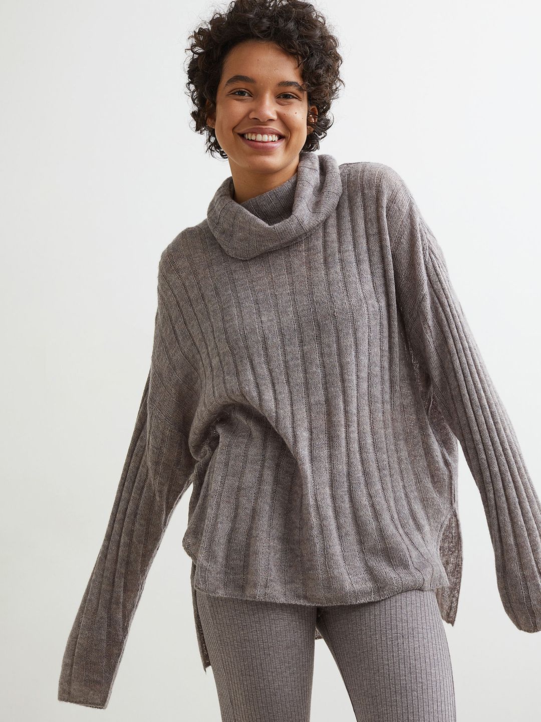 H&M Women Grey Ribbed Wool-Blend Jumper Price in India