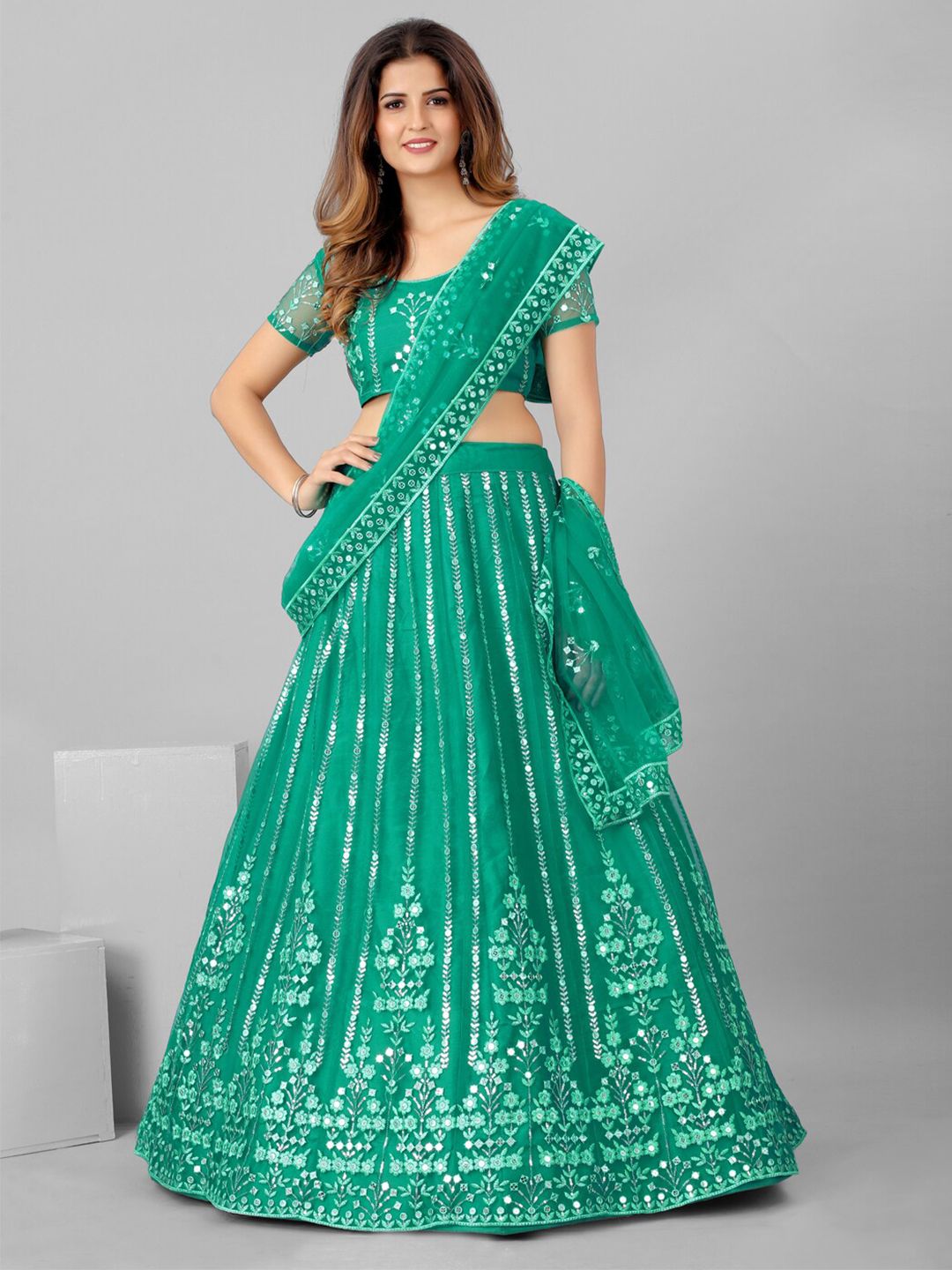 SHOPGARB Sea Green & Silver Semi-Stitched Lehenga & Unstitched Blouse With Dupatta Price in India