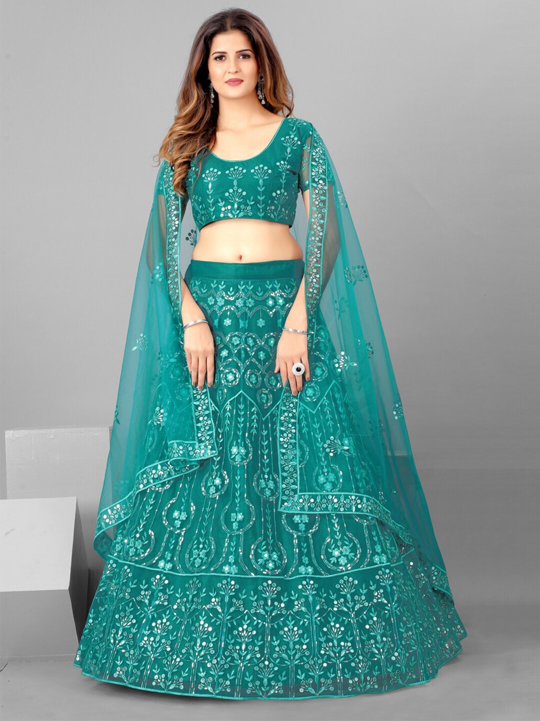 SHOPGARB Women Teal Embroidered Semi-Stitched Lehenga & Blouse with Dupatta Price in India