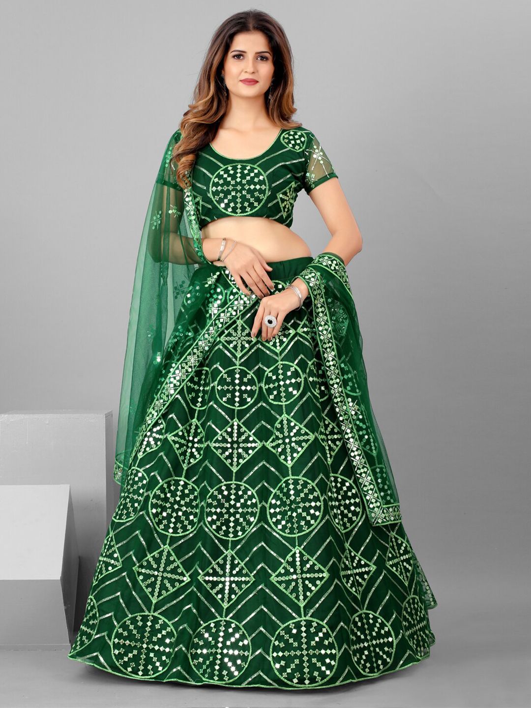 SHOPGARB Green & Silver Sequinned Semi-Stitched Lehenga & Unstitched Blouse & Net Dupatta Price in India