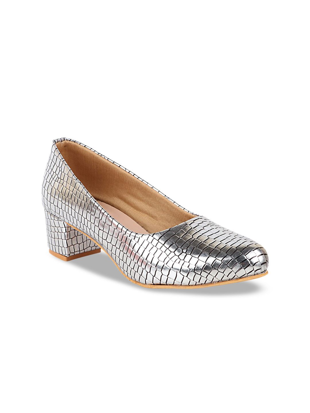 Shoetopia Silver-Toned Textured Party Block Pumps Price in India