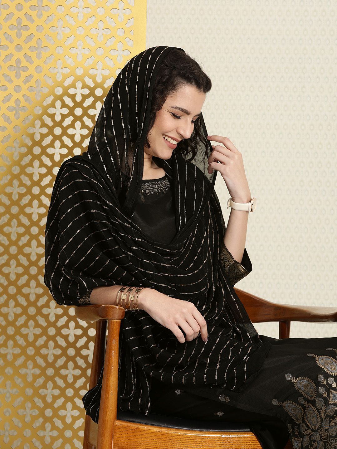 House of Pataudi Women Black & Gold-Toned Zari Work Straight Kurta Set & With Dupatta Price in India