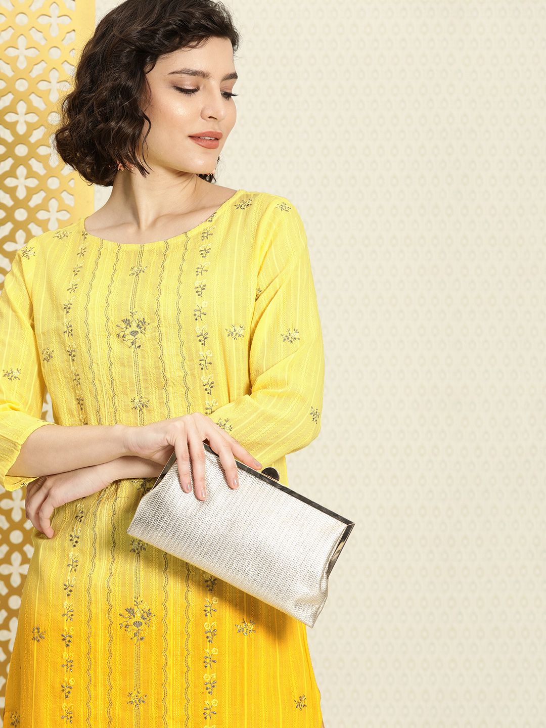 House of Pataudi Women Yellow Dyed Rozana Cotton Straight Kurta with Embroidered Detail Price in India