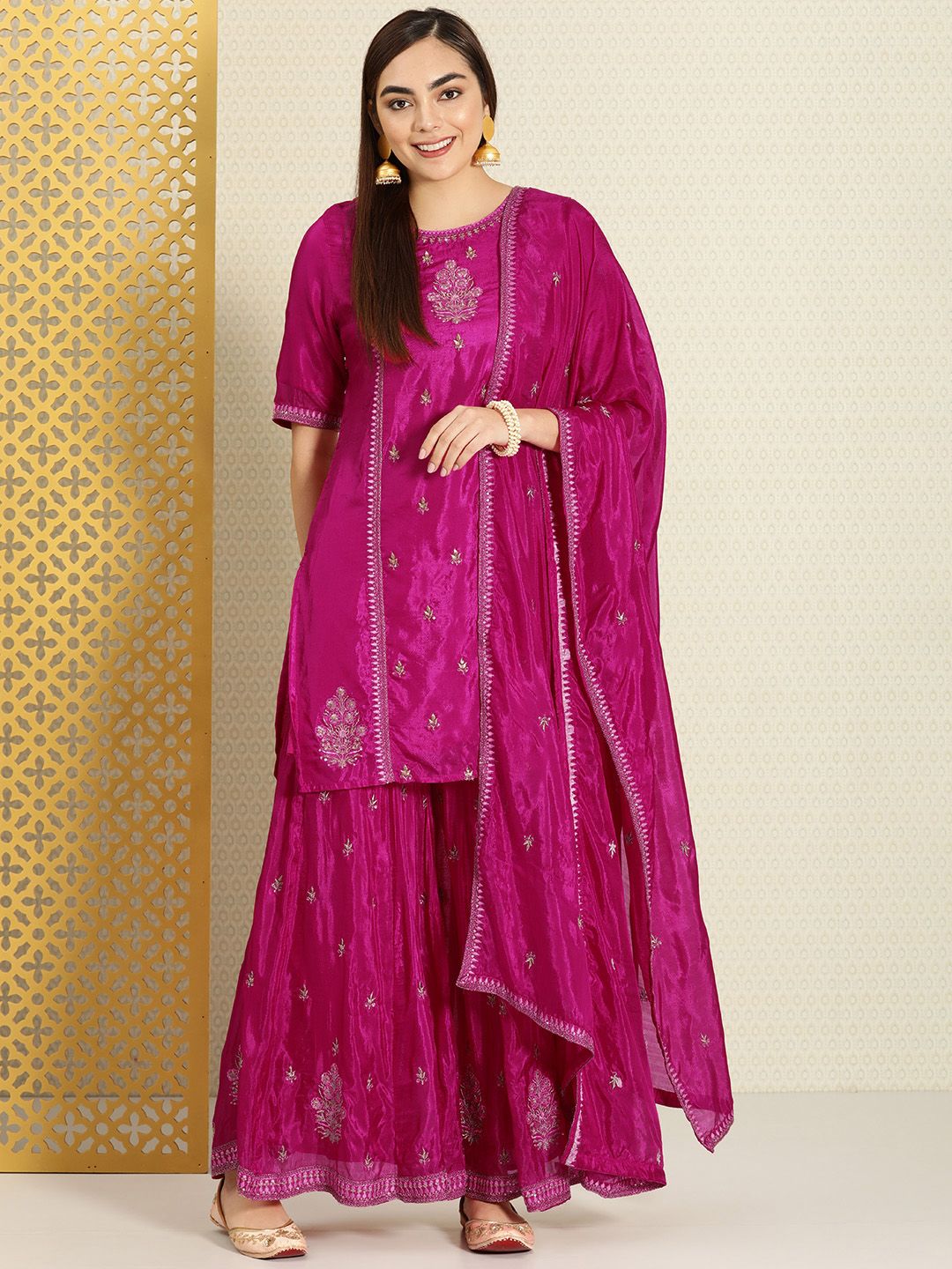 House of Pataudi Women Pink Floral Embroidered Sequinned Kurta with Sharara & With Dupatta Price in India