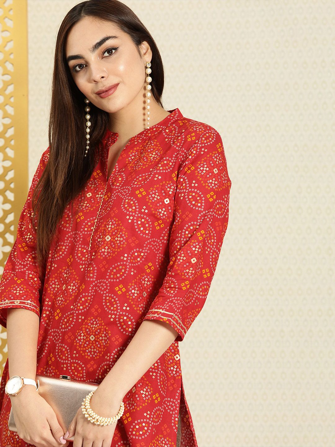 House of Pataudi Women Red & White Bandhani Printed Rozana Kurta Price in India