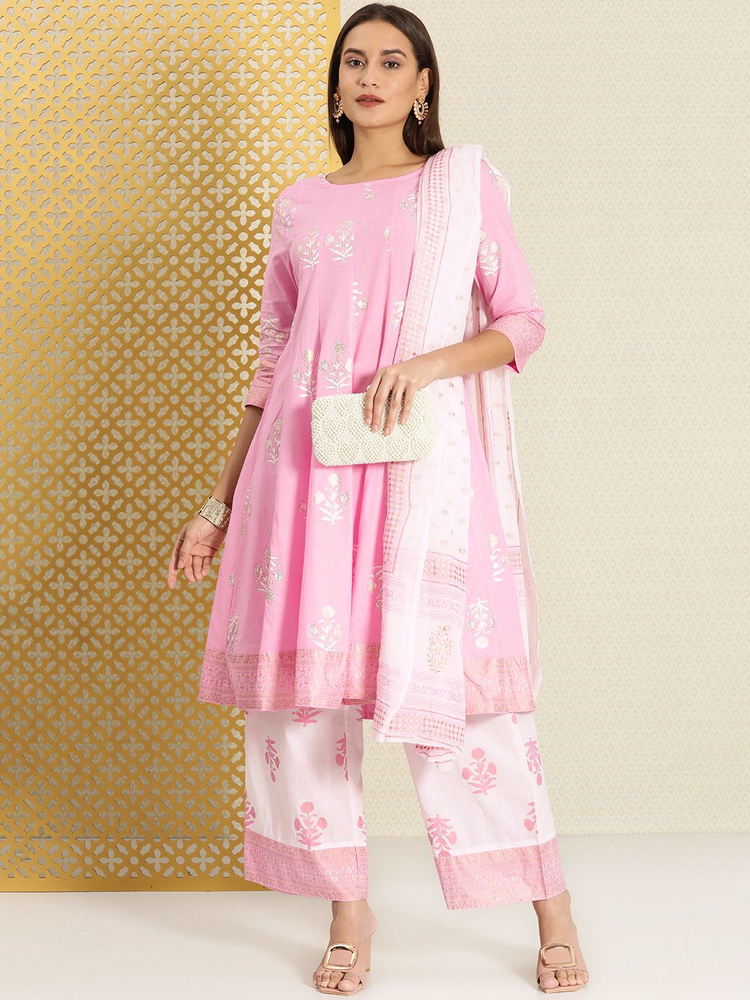 House of Pataudi Women Pink Printed Pure Cotton Jashn Kurta with Palazzos & With Dupatta Price in India