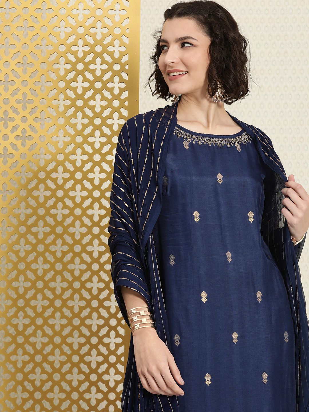 House of Pataudi Women Navy Blue & Gold-Toned Ethnic Motifs Kurta Set & With Dupatta Price in India