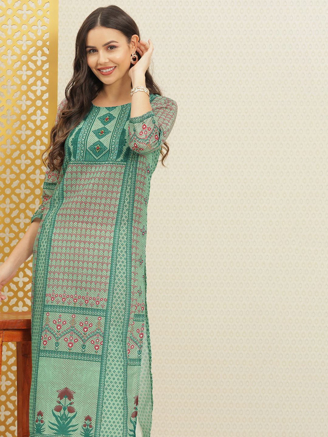 House of Pataudi Women Sea Green & Pink Ethnic Motifs Printed Straight Kurta