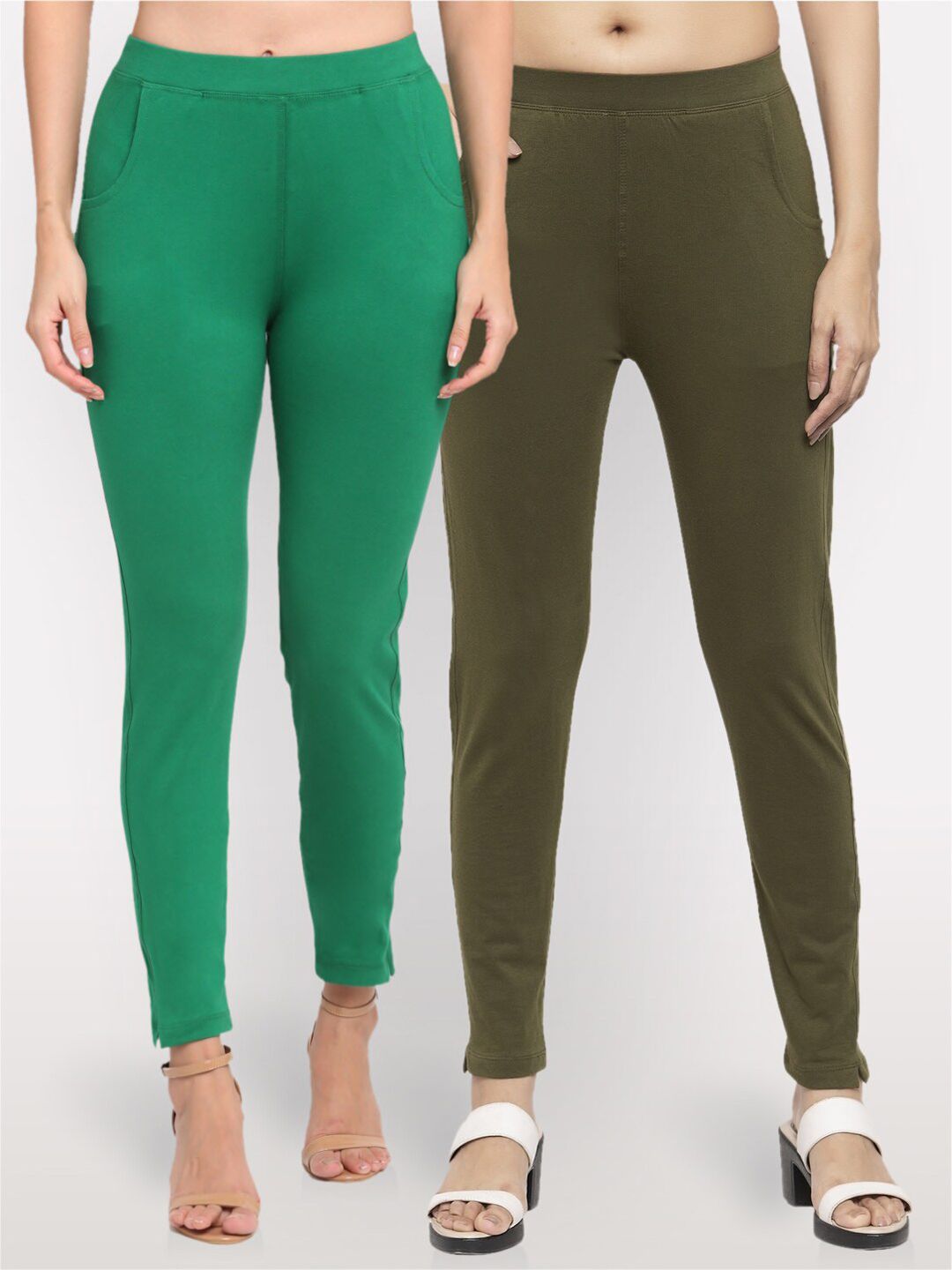 NEUDIS Women Pack Of 2 Green Cotton Lycra Ankle Length Jeggings Price in India