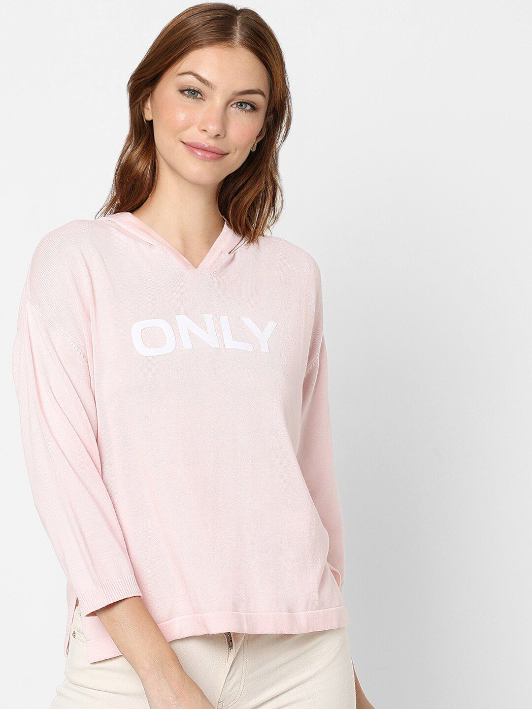 ONLY Women Pink & White Typography Printed Pullover Price in India