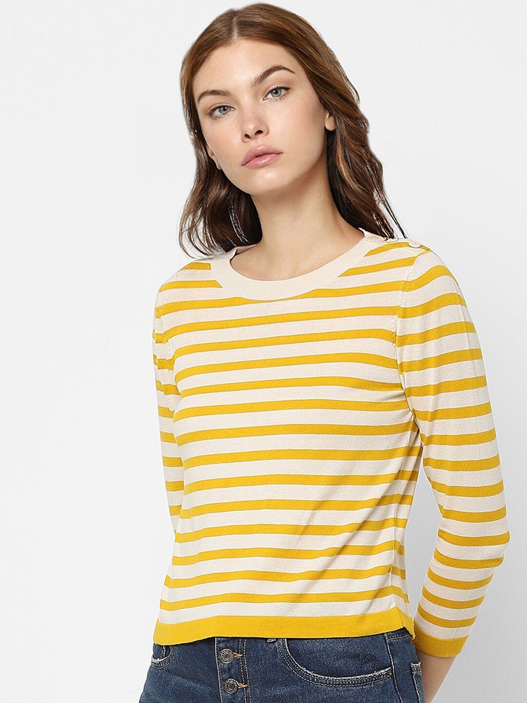 ONLY Women Yellow & White Striped Crop Pullover Price in India