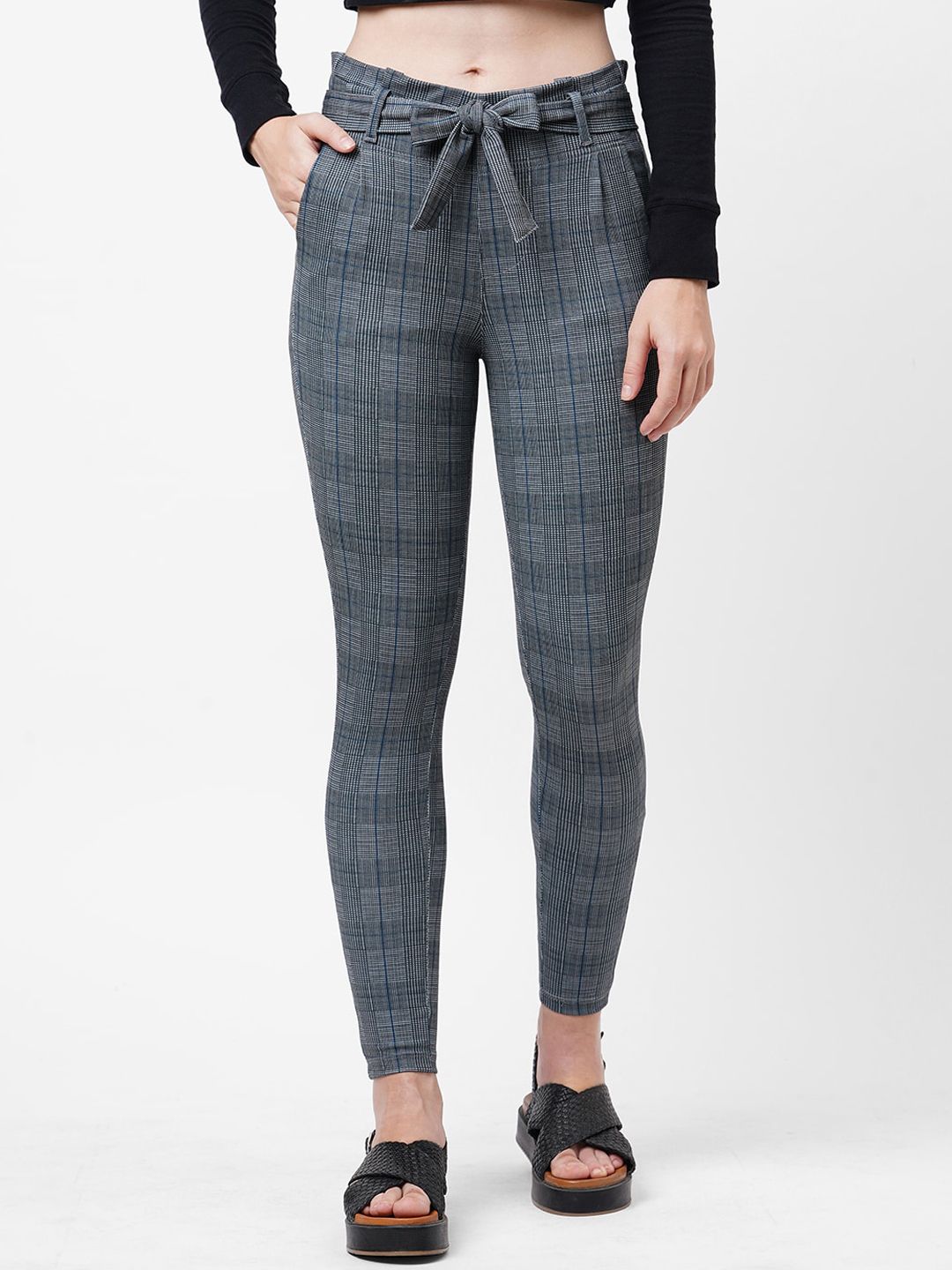 Kraus Jeans Women Grey Checked Loose Fit High-Rise Pleated Trousers Price in India