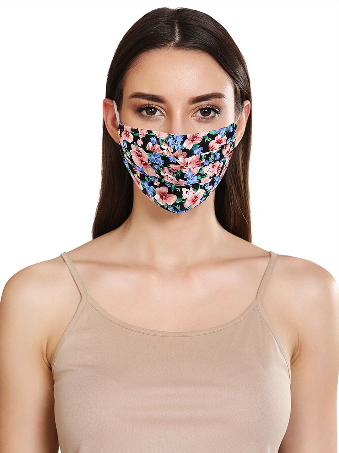 Kazo Women Black & Pink Floral Printed Lace Face Cloth Mask Price in India