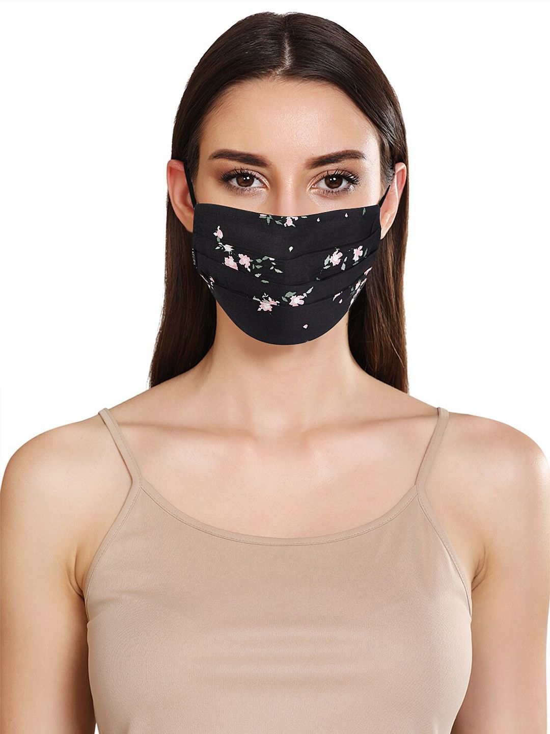 Kazo Women Black & Pink Floral Printed Lace Face Cloth Mask Price in India