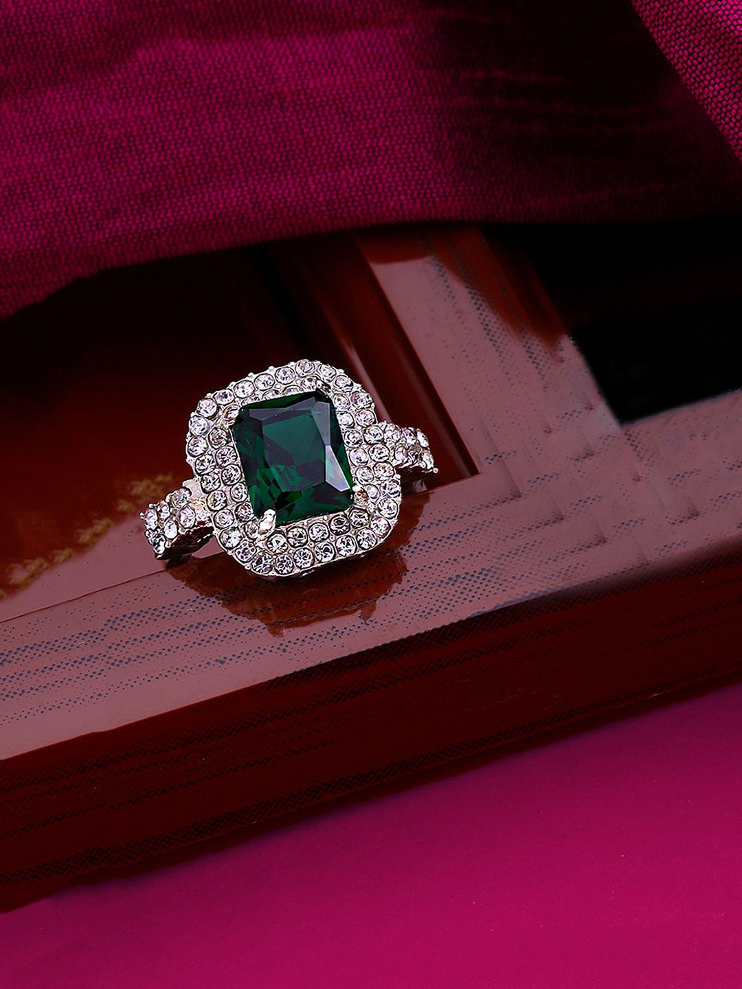 Emerald Crystal Ring Yellow Chimes Green And Silver Toned Emerald Crystal Ring