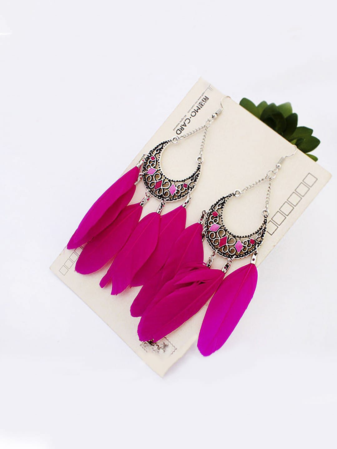 Yellow Chimes Pink Feather Shaped Drop Earrings Price in India