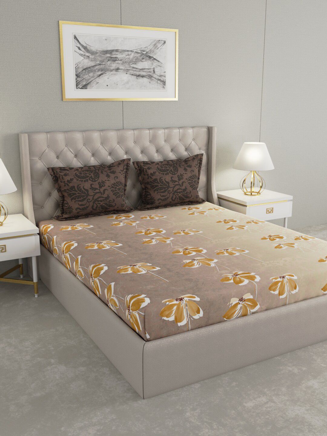 Raymond Home Brown & Yellow Floral Cotton 200 TC King Bedsheet with 2 Pillow Covers Price in India