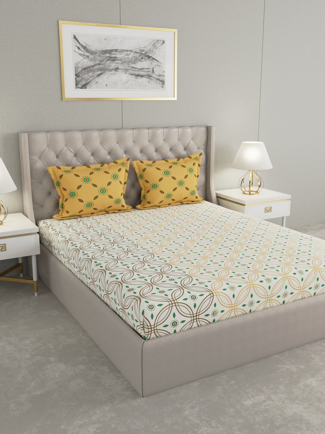 Raymond Home Mustard Geometric 200 TC 1 King Bedsheet With 2 Pillow Covers Price in India