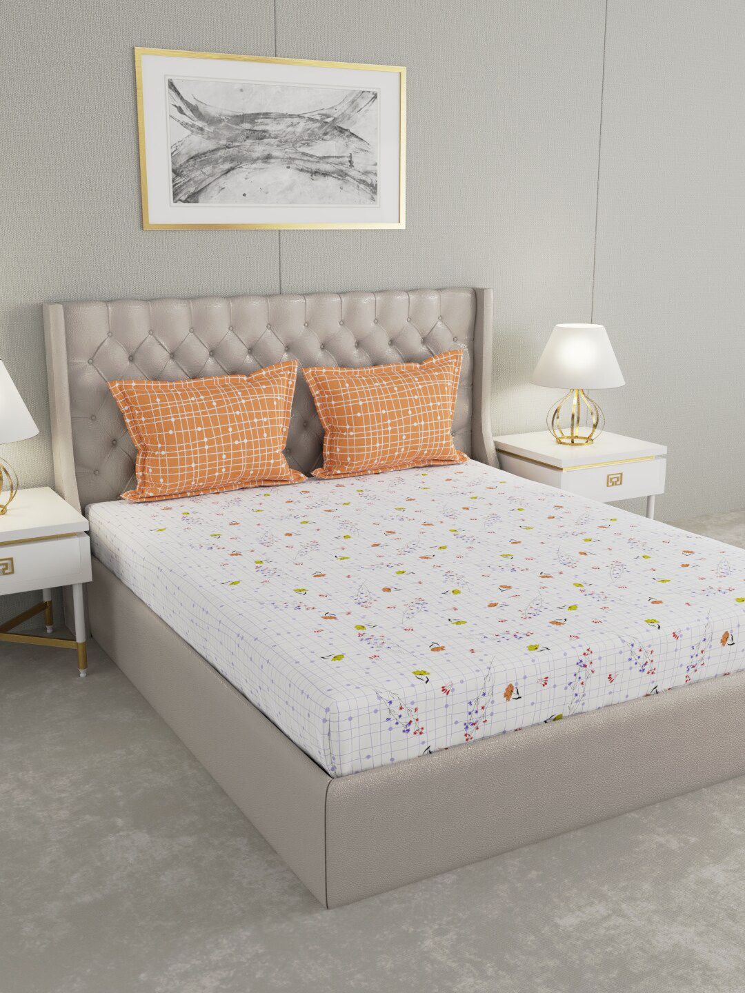 Raymond Home White & Orange Floral Cotton 200 TC King Bedsheet with 2 Pillow Covers Price in India