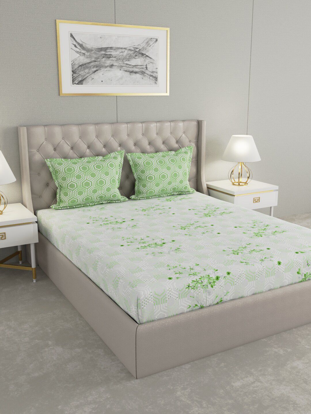 Raymond Home Green & White Floral 200 TC King Bedsheet with 2 Pillow Covers Price in India