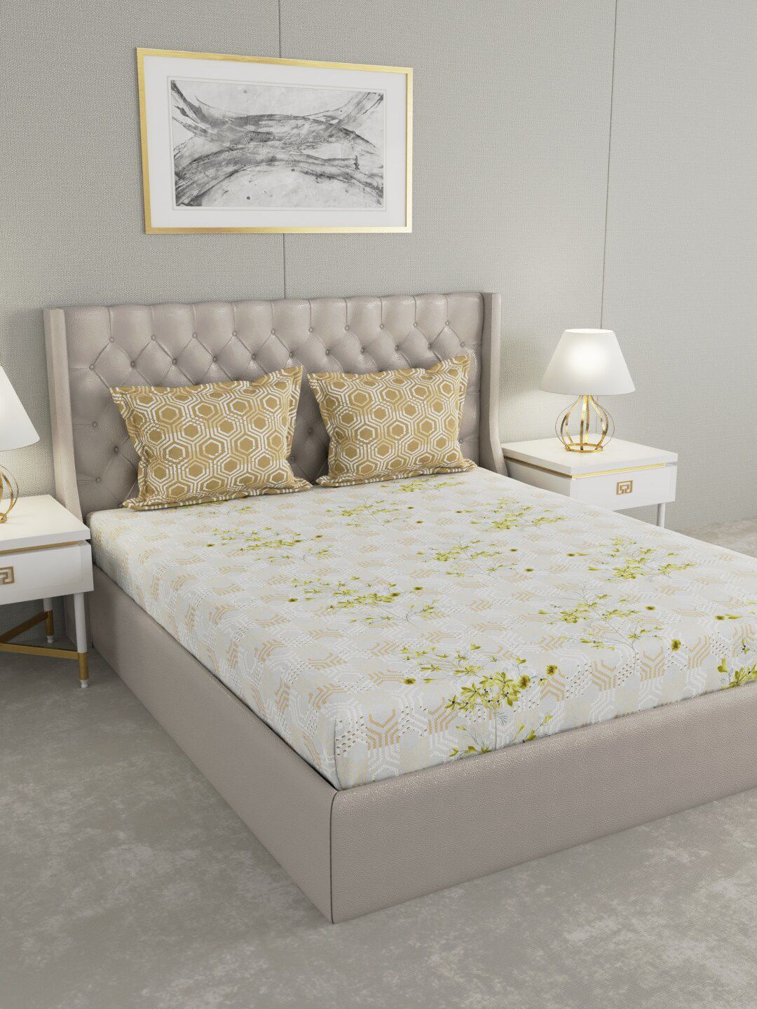 Raymond Home Yellow & Green Floral 200 TC King Bedsheet with 2 Pillow Covers Price in India