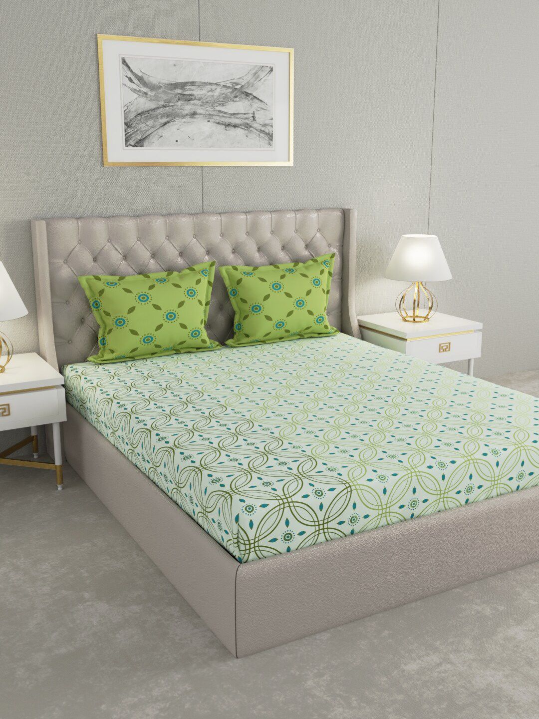 Raymond Home Green & Teal Cotton Geometric 200 TC King Bedsheet with 2 Pillow Covers Price in India