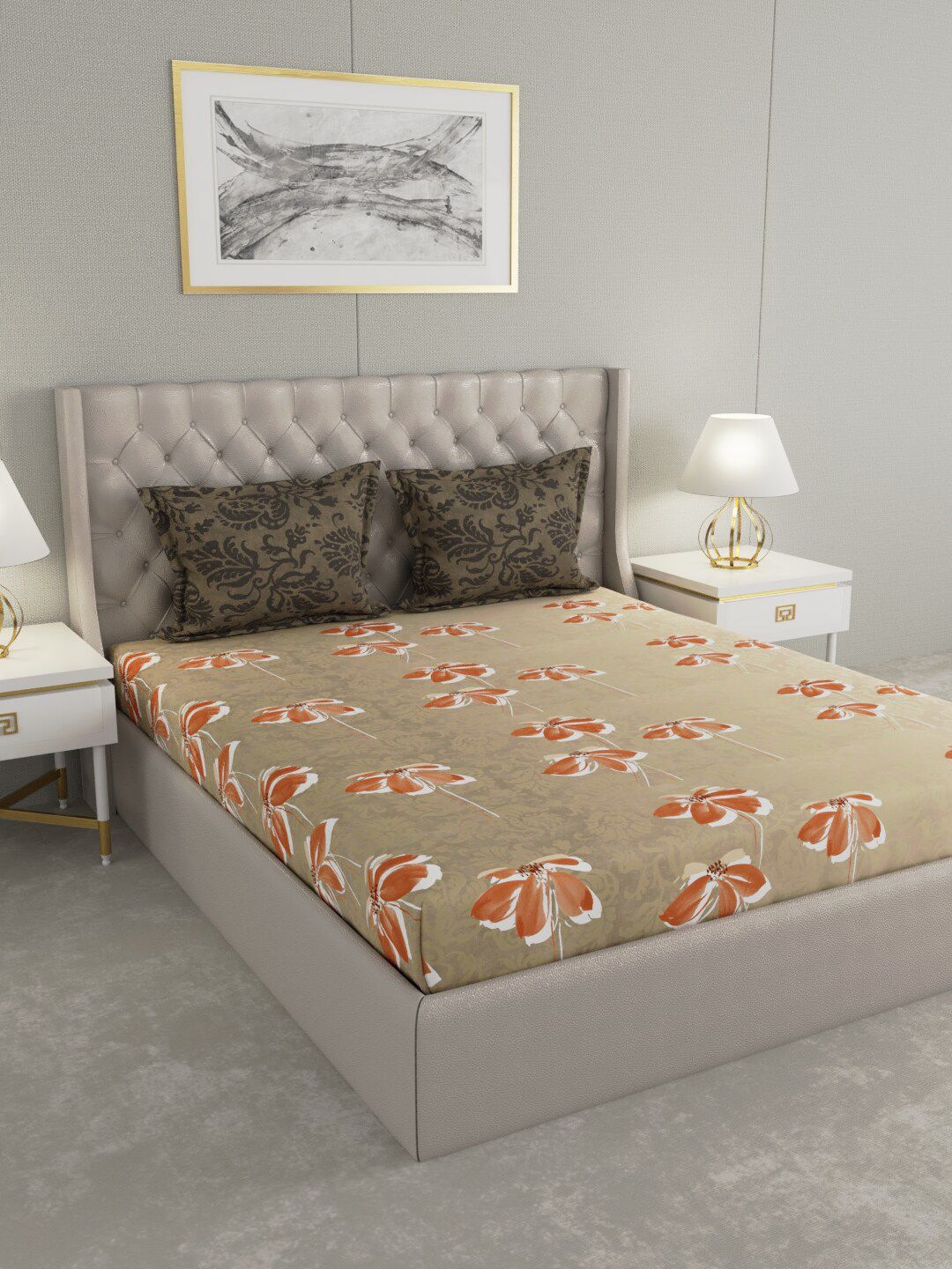 Raymond Home Brown & Rust Floral 200 TC King Bedsheet with 2 Pillow Covers Price in India
