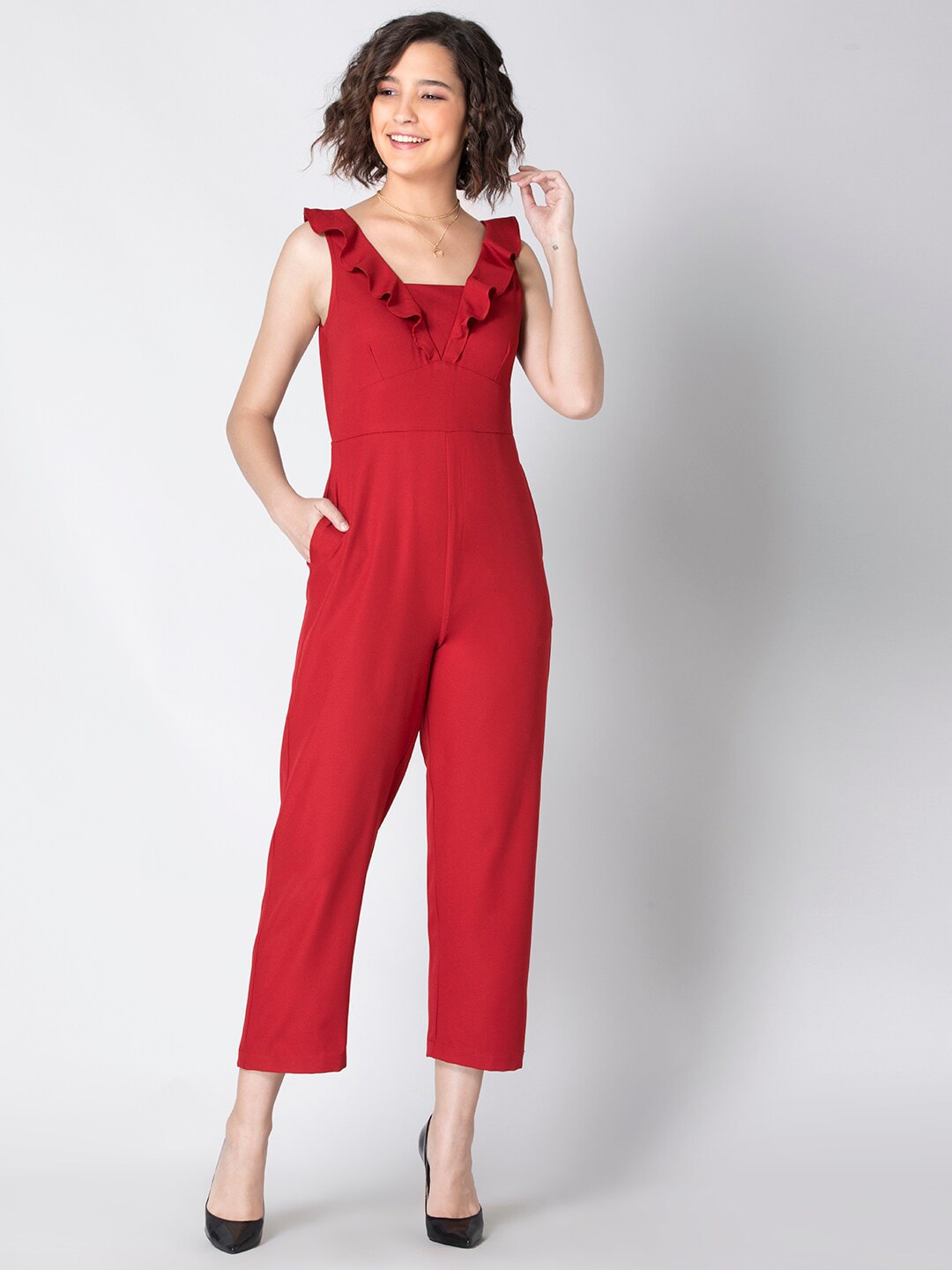 FabAlley Women Red Solid Culotte Jumpsuit with Frills Price in India