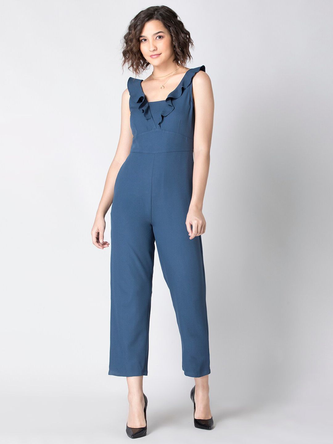 FabAlley Blue Frilled Basic Jumpsuit Price in India