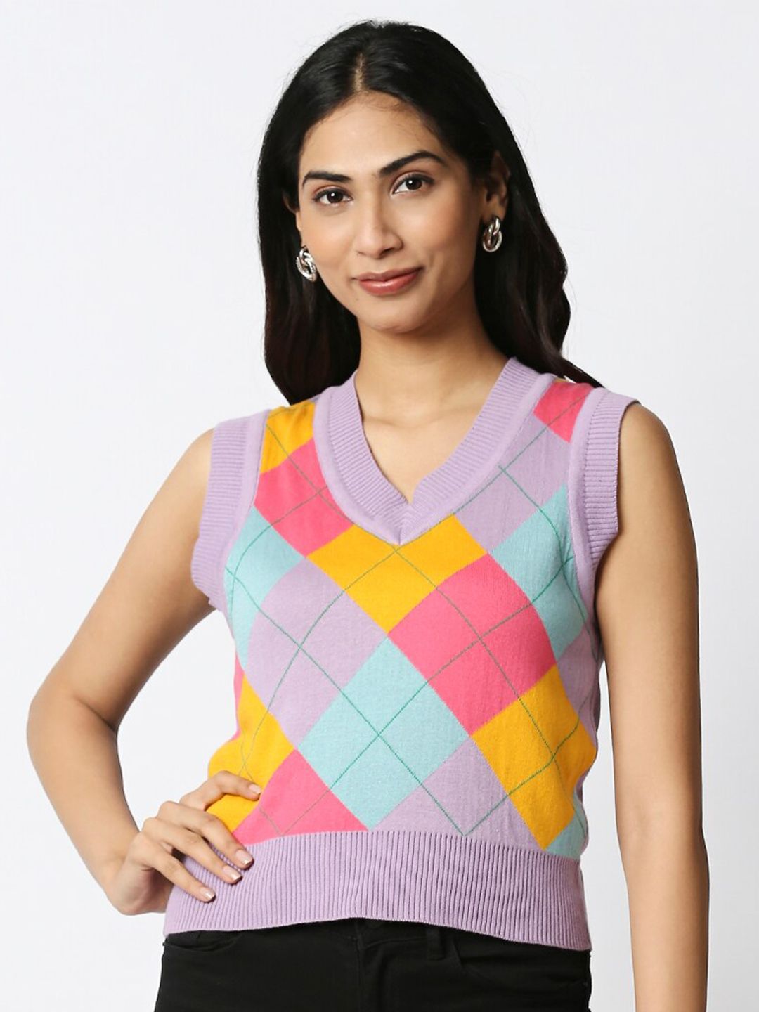20Dresses Women Purple & Yellow Printed Cotton Sweater Vest Price in India