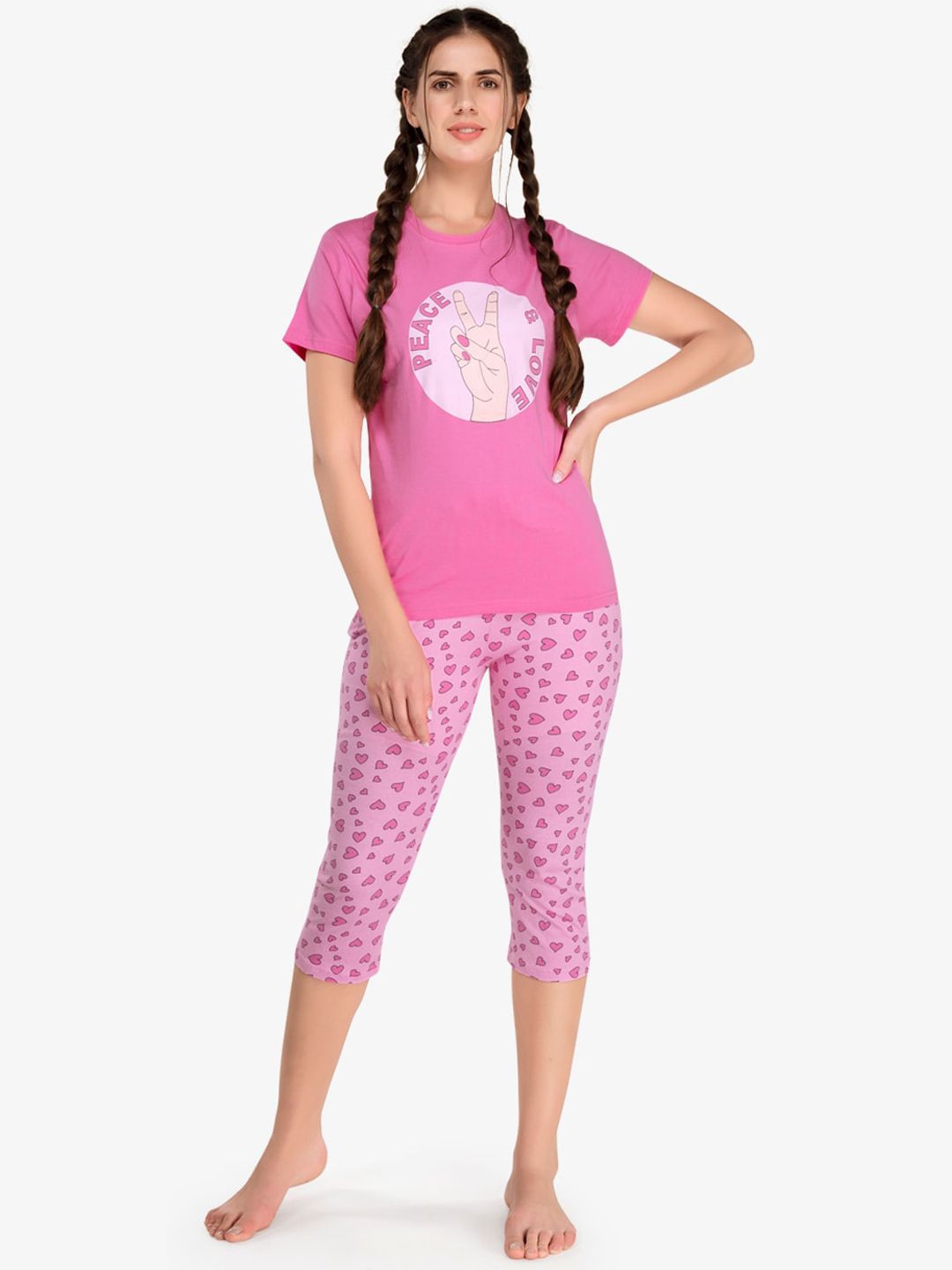 evolove Women Pink Printed Pure Cotton Night Suit Price in India