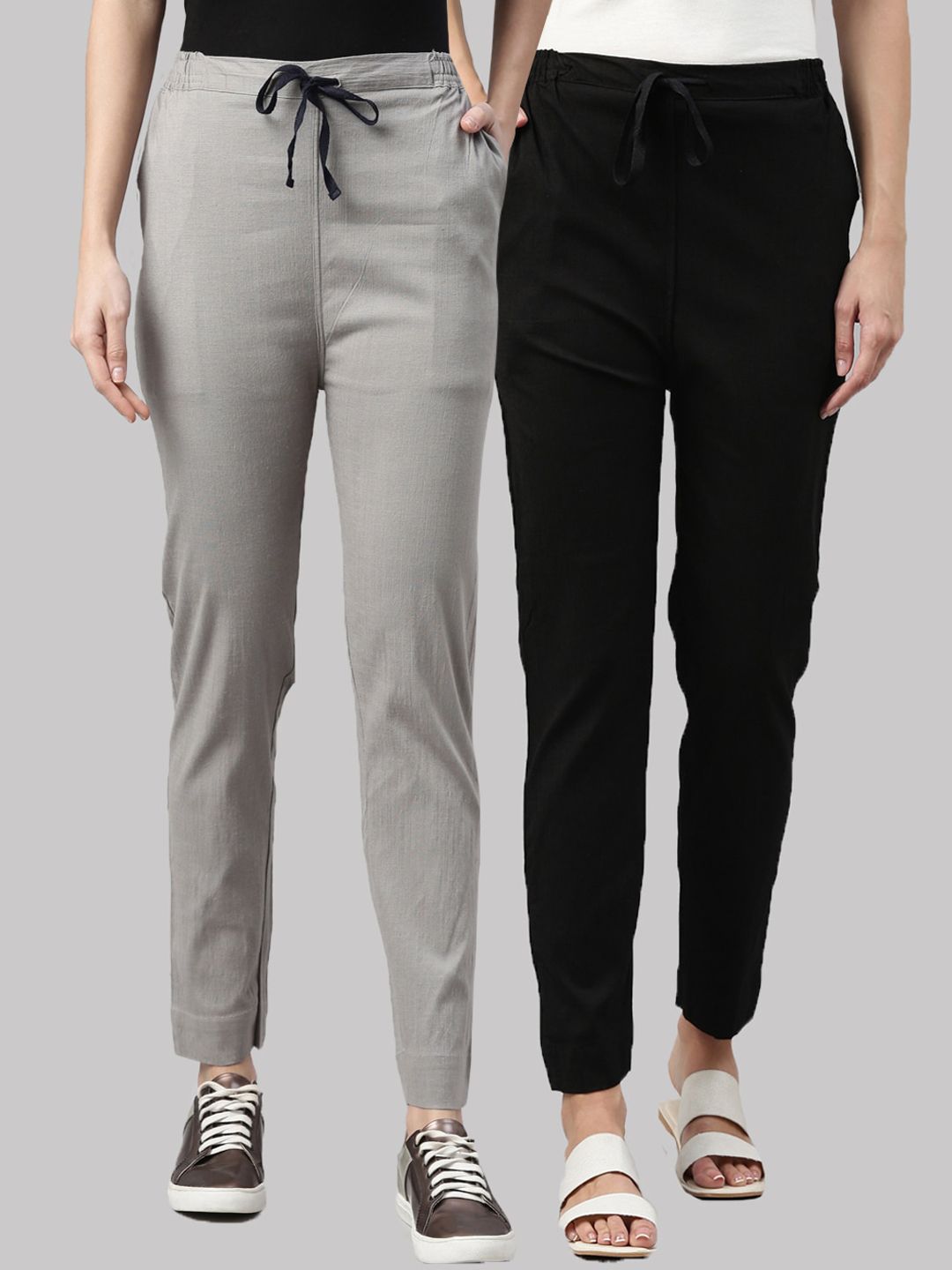 Kryptic Women Pack of 2 Black & Grey Joggers Trousers Price in India