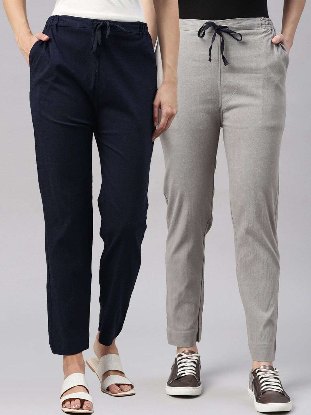 Kryptic Women Pack of 2 Grey & Navy Blue Solid Regular Trousers Price in India